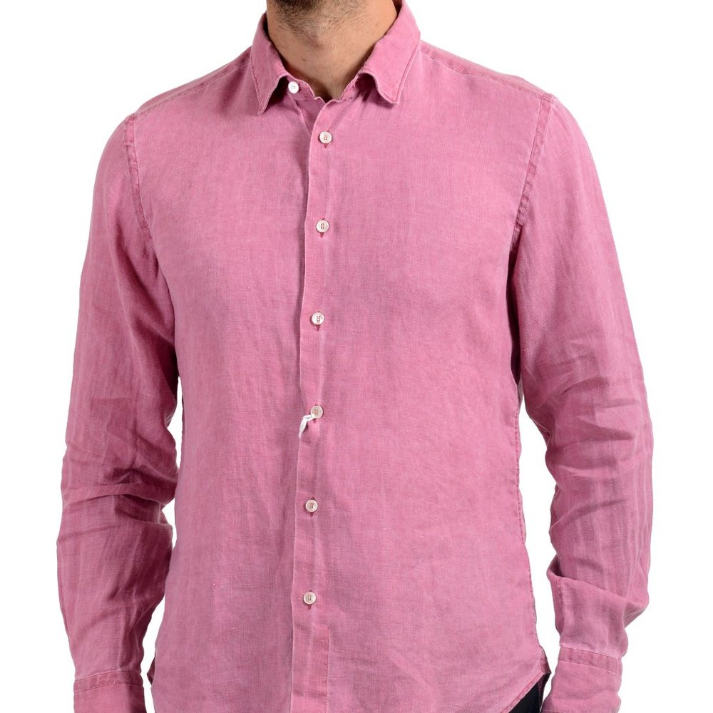 Malo Men's 100% Linen Pink Long Sleeve Dress Shirt
